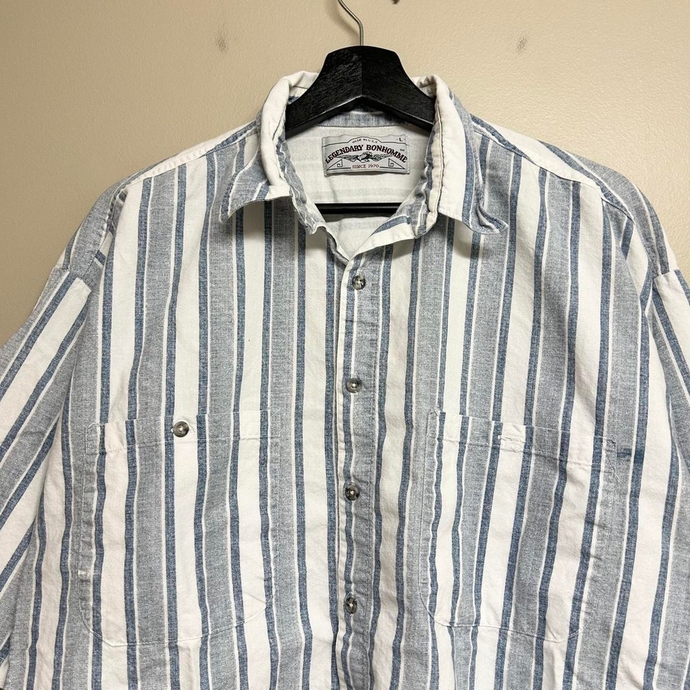 Legendary Bonhomme Vintage 90s Striped Cropped Button Up Shirt Mens L Blue White - Picture 2 of 6